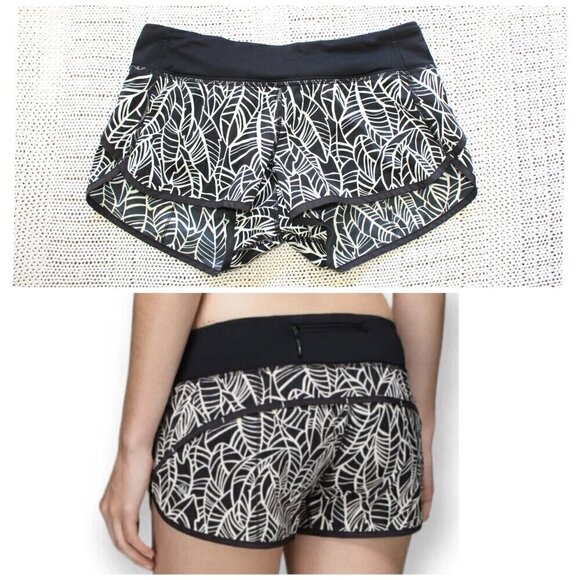Lululemon Run Times Speed Black and White Women shorts Size 6 Leaf Print Sport - Picture 1 of 11